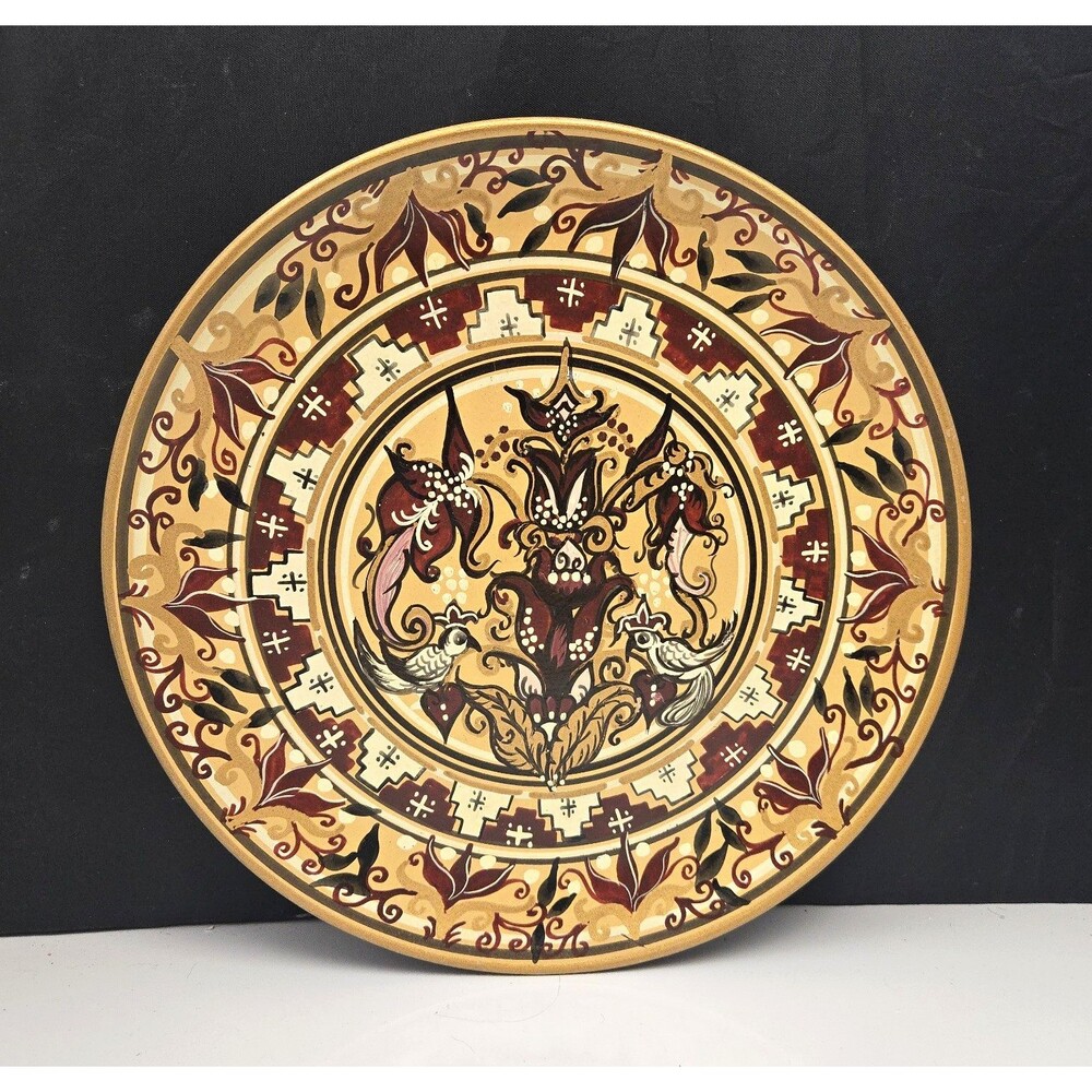 Greek Byzantine Art Pottery Plate Hand Painted Terra Cotta Crete Repro 10.75"